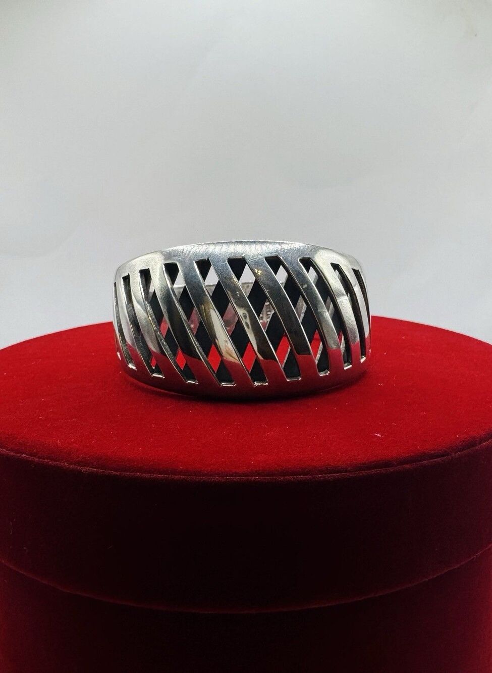 Heavy 94g Vintage Mexican Sterling Silver Bangle Cage Lattice Clamper 925